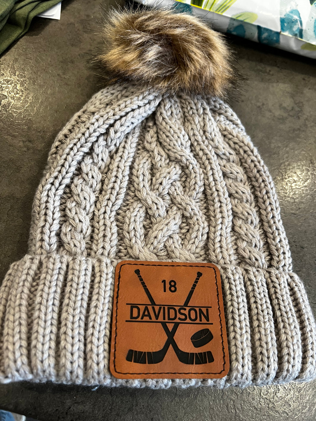 Custom Leather Patch Winter Hat with Pom