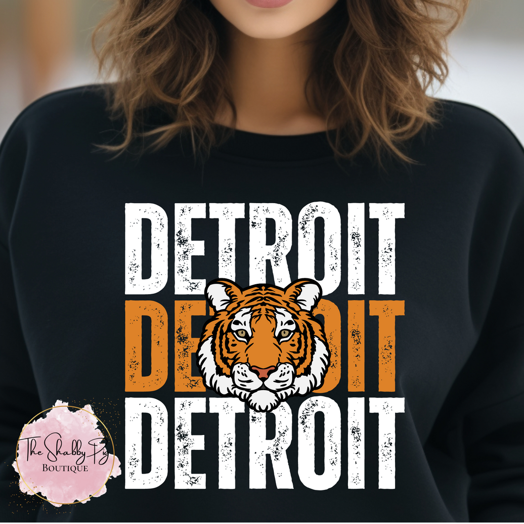Detroit Distressed Stacked Tiger Graphic Shirt on Black