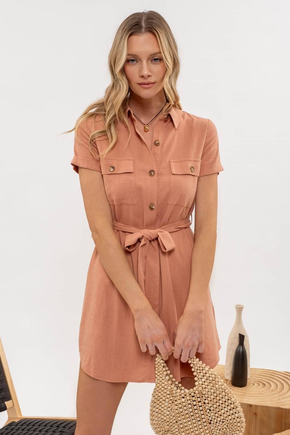 Collared Button Down Belted Mini Dress