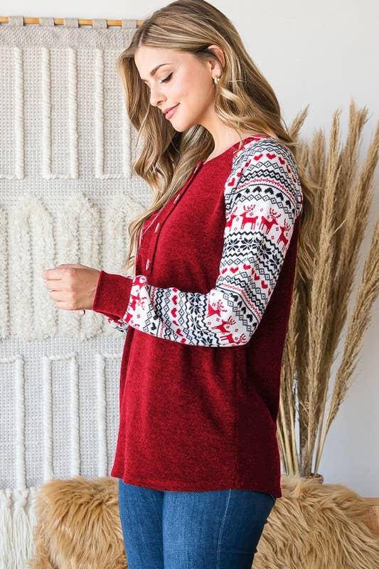 Solid Red Top with Buttons and Christmas Print on Sleeves | S-3XL