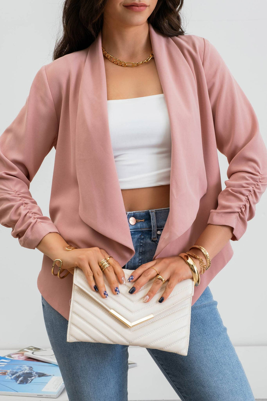 Dusty Pink 3/4 Rouched Sleeve Blazer