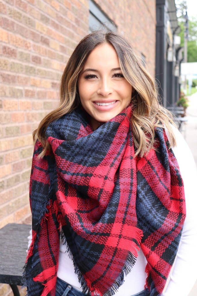Navy and red plaid blanket scarf.