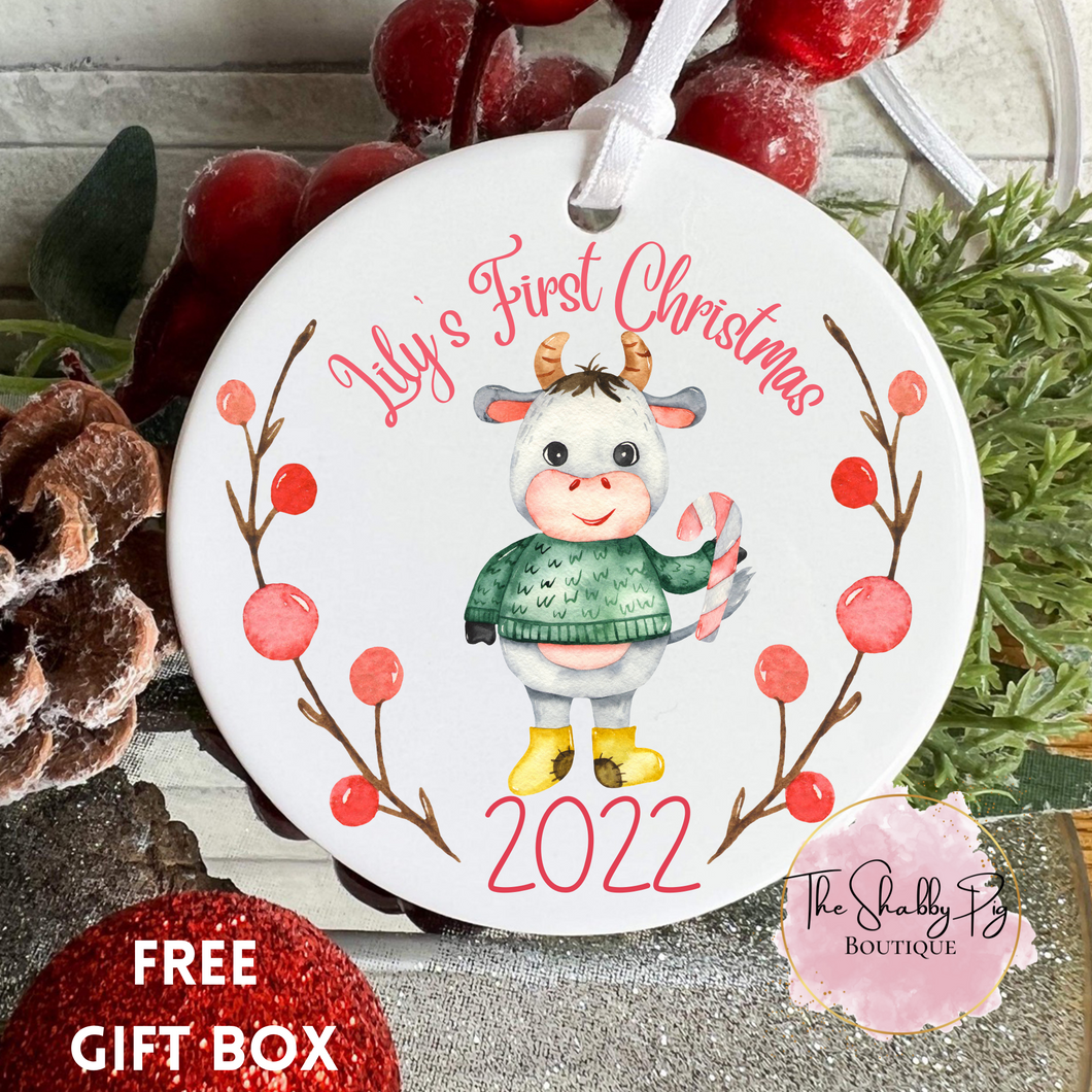 Childs First Christmas Ornament with Name | Girl Bull